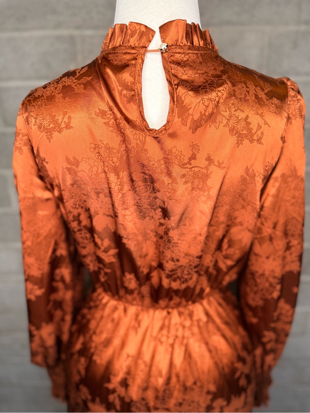 Rust Satin Jacquard Midi Dress Puff Sleeve Mock Neck Cottagecore Boho - Picture 12 of 14